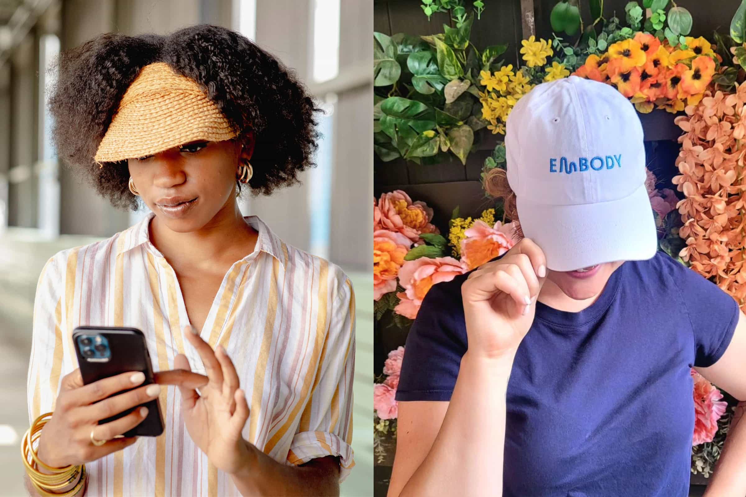 Image of two Embody users, one with a phone and one wearing an Embody hat